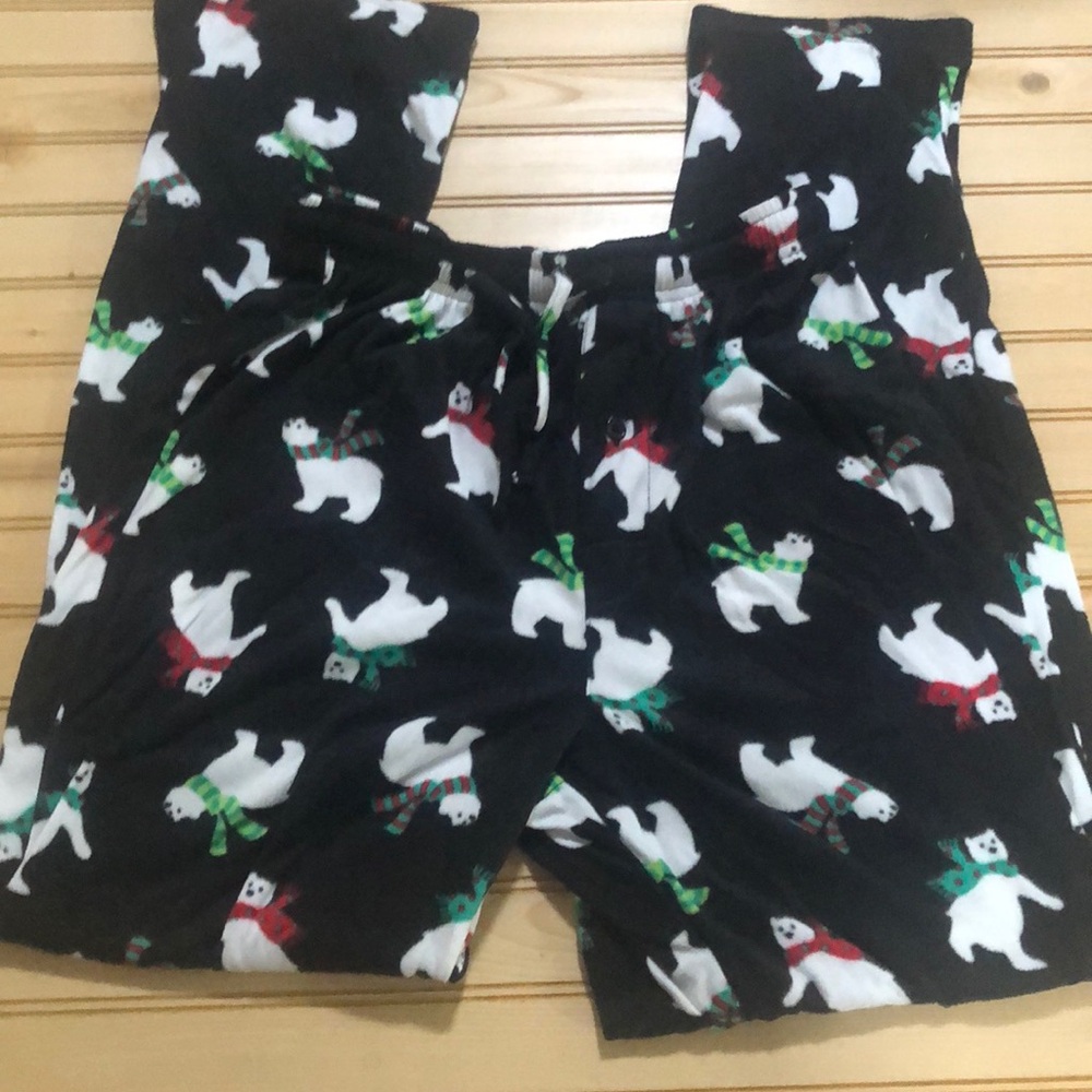 Unisex Black Fleece White Polar Bears Wearing Winter Scarves PJ Sleep Pants S‎